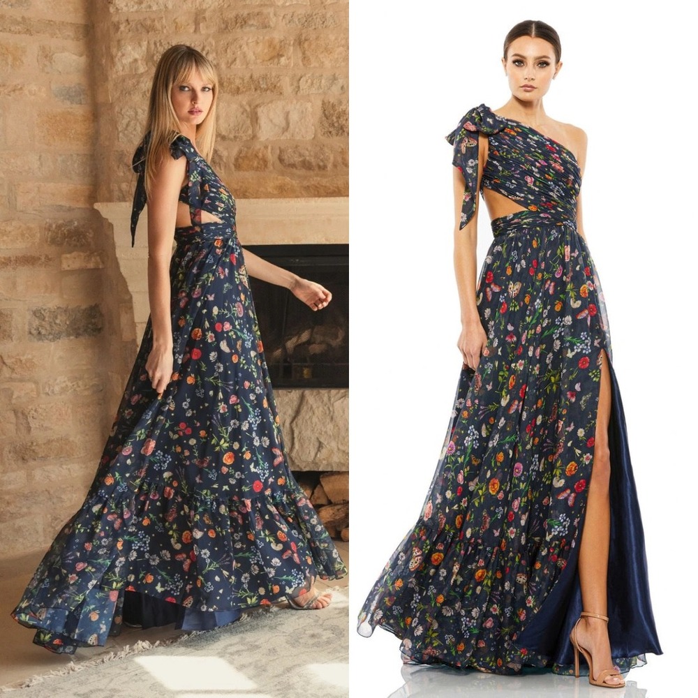 Mac Duggal One Shoulder Navy Floral Gown